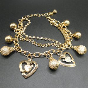 Gold Plated multi Chain Heart and Pearl Charm Bracelet